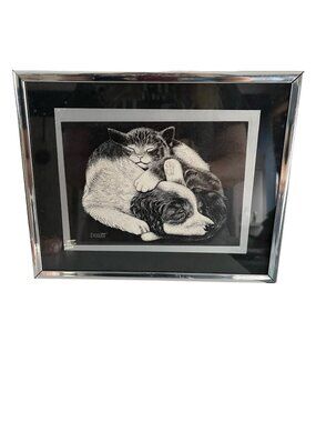 Vintage Cat and Dog Print Black White Signed Droguett Framed Wall Art 10x8
